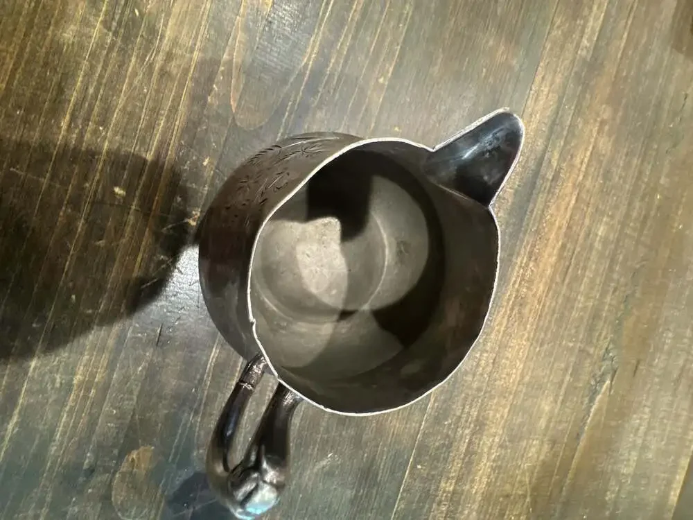 Antique Silver Plated Creamer Pitcher with Etched Floral Design and Ornate Handl